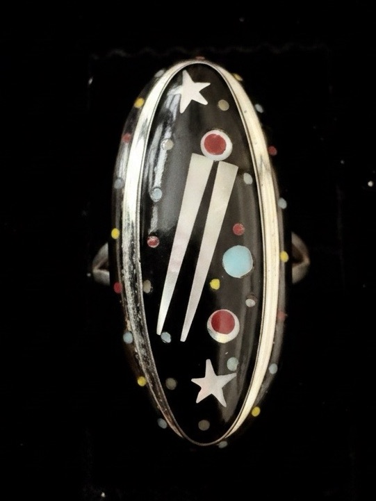 Sterling Silver Black Onyx W/Inlay Turquoise Native Design Celestial Oval Ring